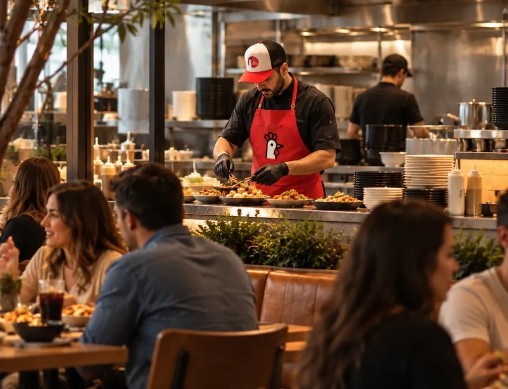 A Mix Chicken cook in a red apron and cap with the character, plating food behind diners
