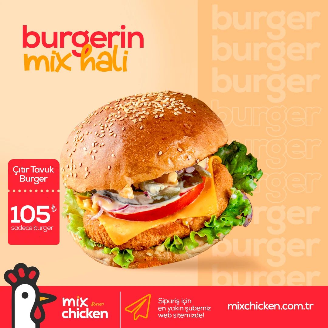 Crispy chicken burger post headed “Burgerin mix hali”