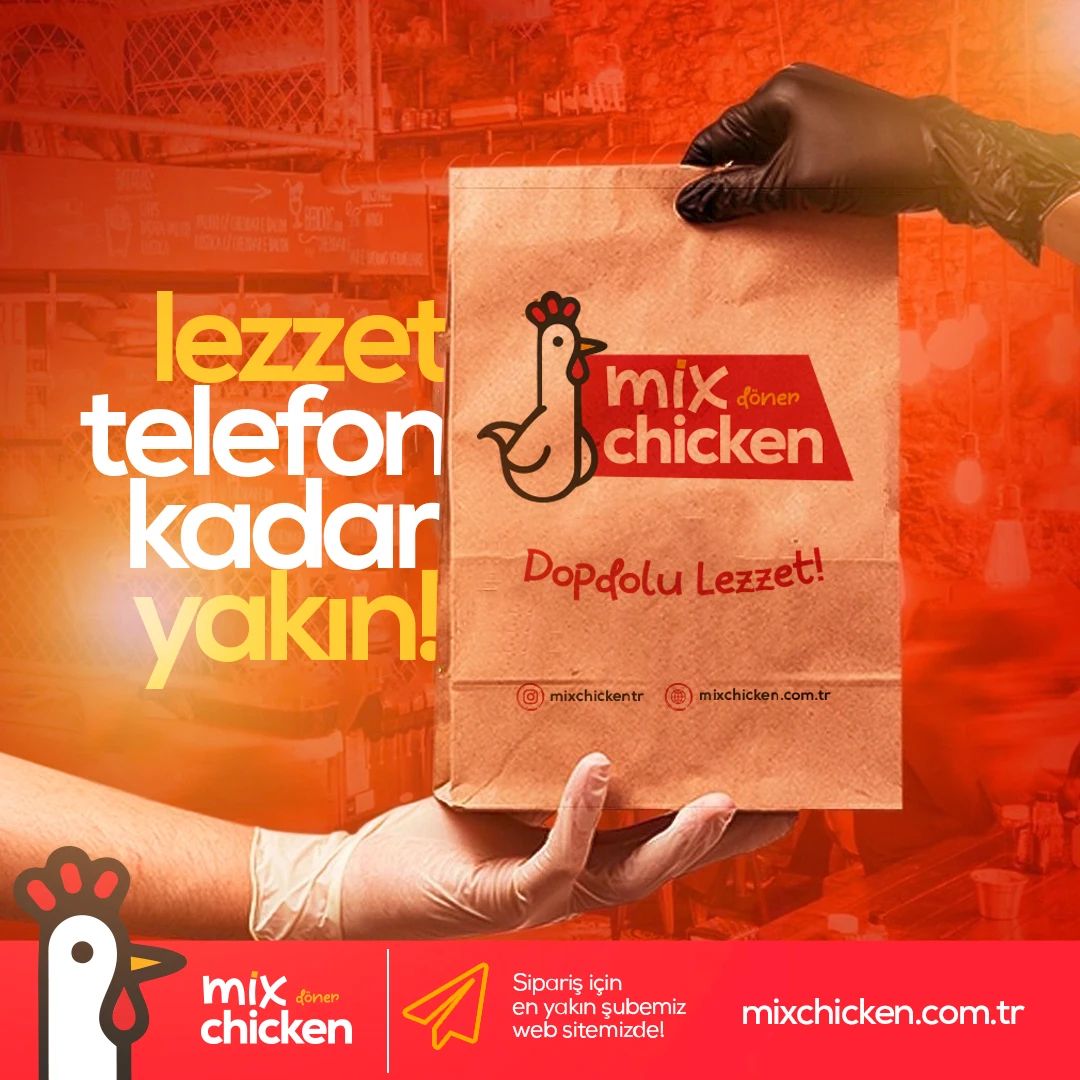 Post headed “Lezzet telefon kadar yakın!” with a kraft Mix Chicken bag
