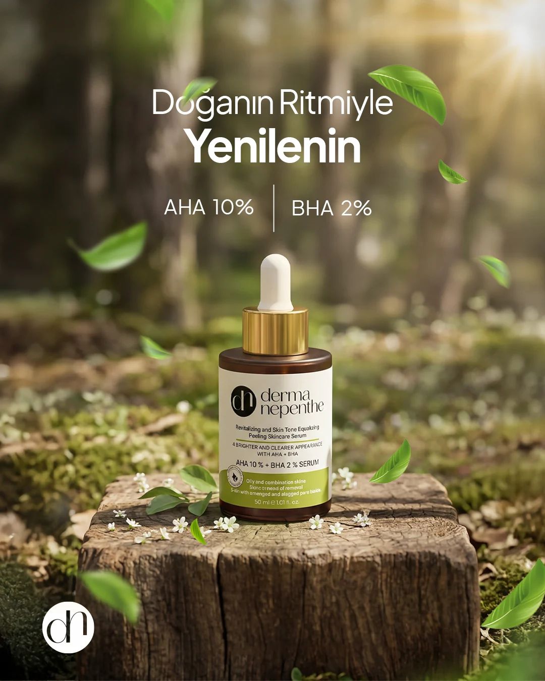 Orman zemininde ağaç kütüğü üzerinde Derma Nepenthe AHA–BHA serum