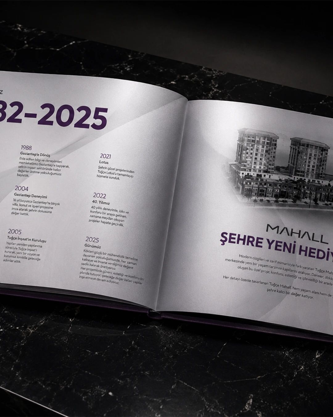 Catalog spread with Tuğçe İnşaat’s timeline from 1988 to 2025 on the left and the Mahall buildings headed “Şehre yeni hediye” on the right