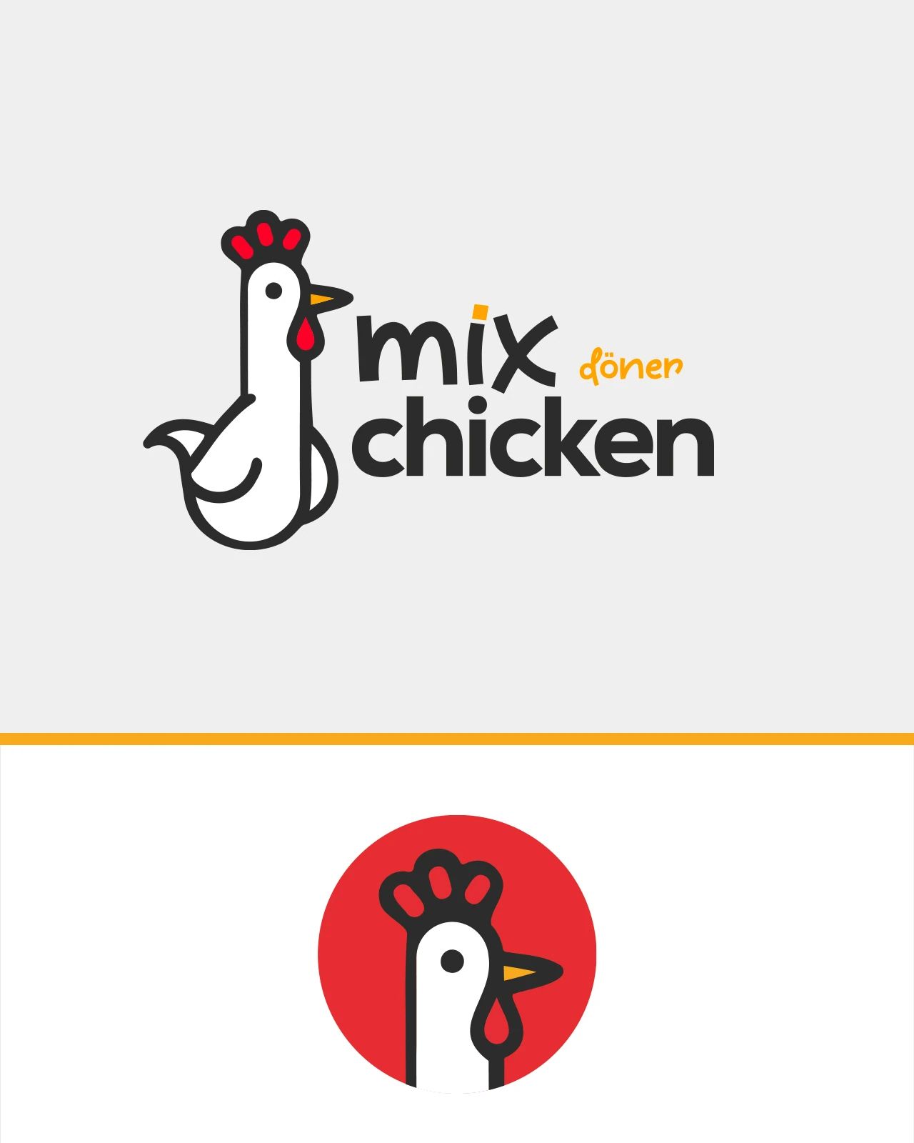 The Mix Chicken döner logo on grey above, and the chicken character in a red circle below