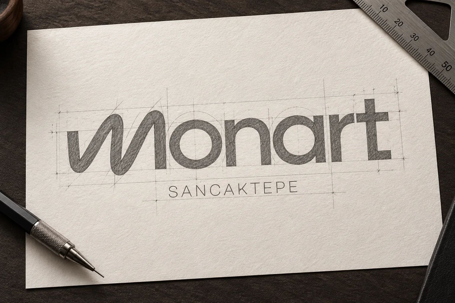Kâğıt üzerinde yardımcı çizgilerle çizilmiş Monart Sancaktepe logosu, yanında kalem ve cetvel