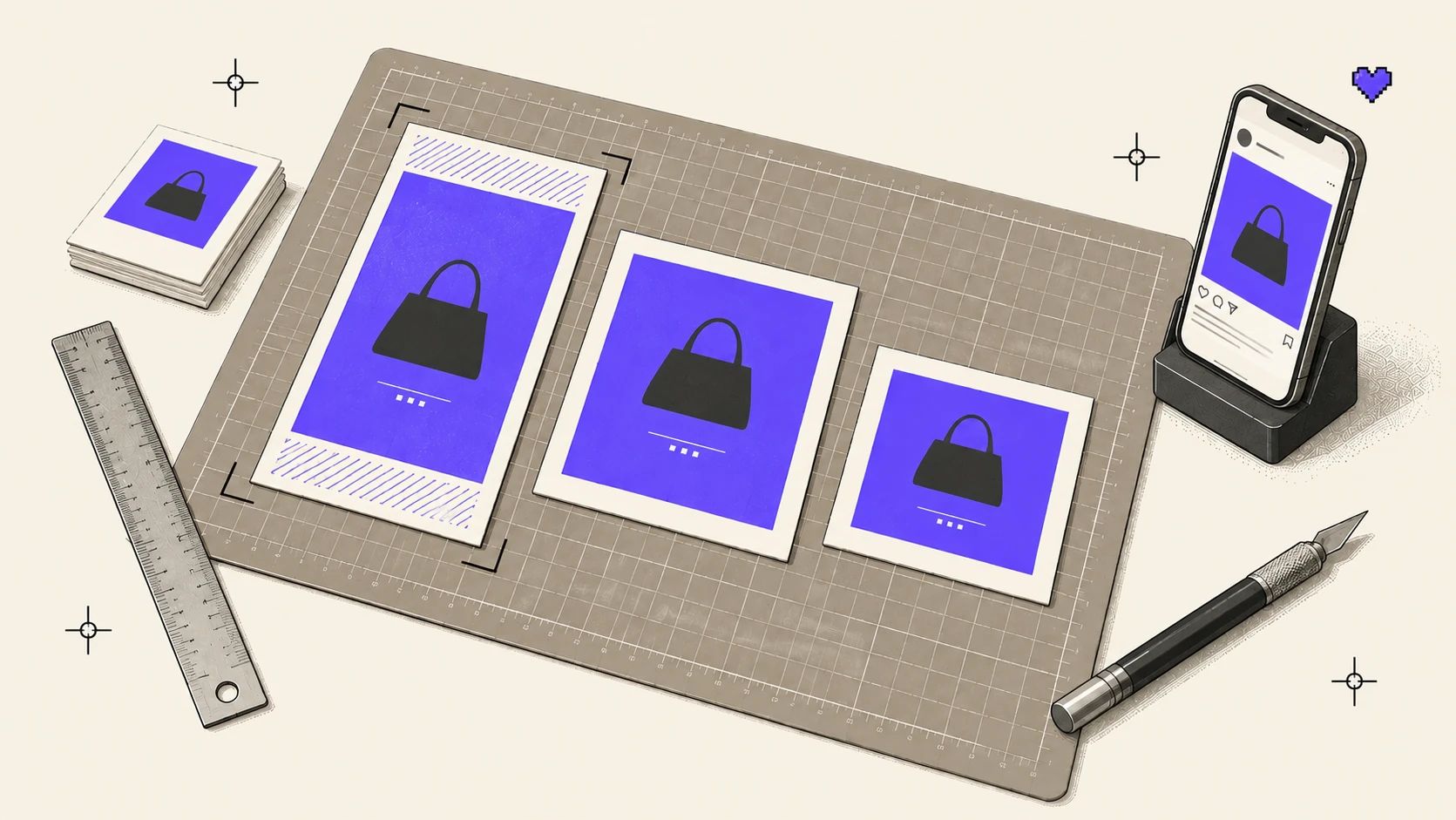Isometric illustration on cream: prints of the same image cut to 9:16, 4:5 and 1:1 on a cutting mat, with crop marks, a ruler, a craft knife and a phone on a stand