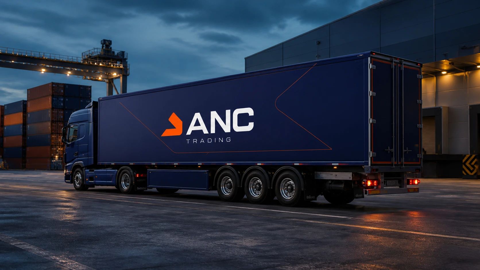 Navy trailer carrying the ANC Trading identity at a logistics terminal