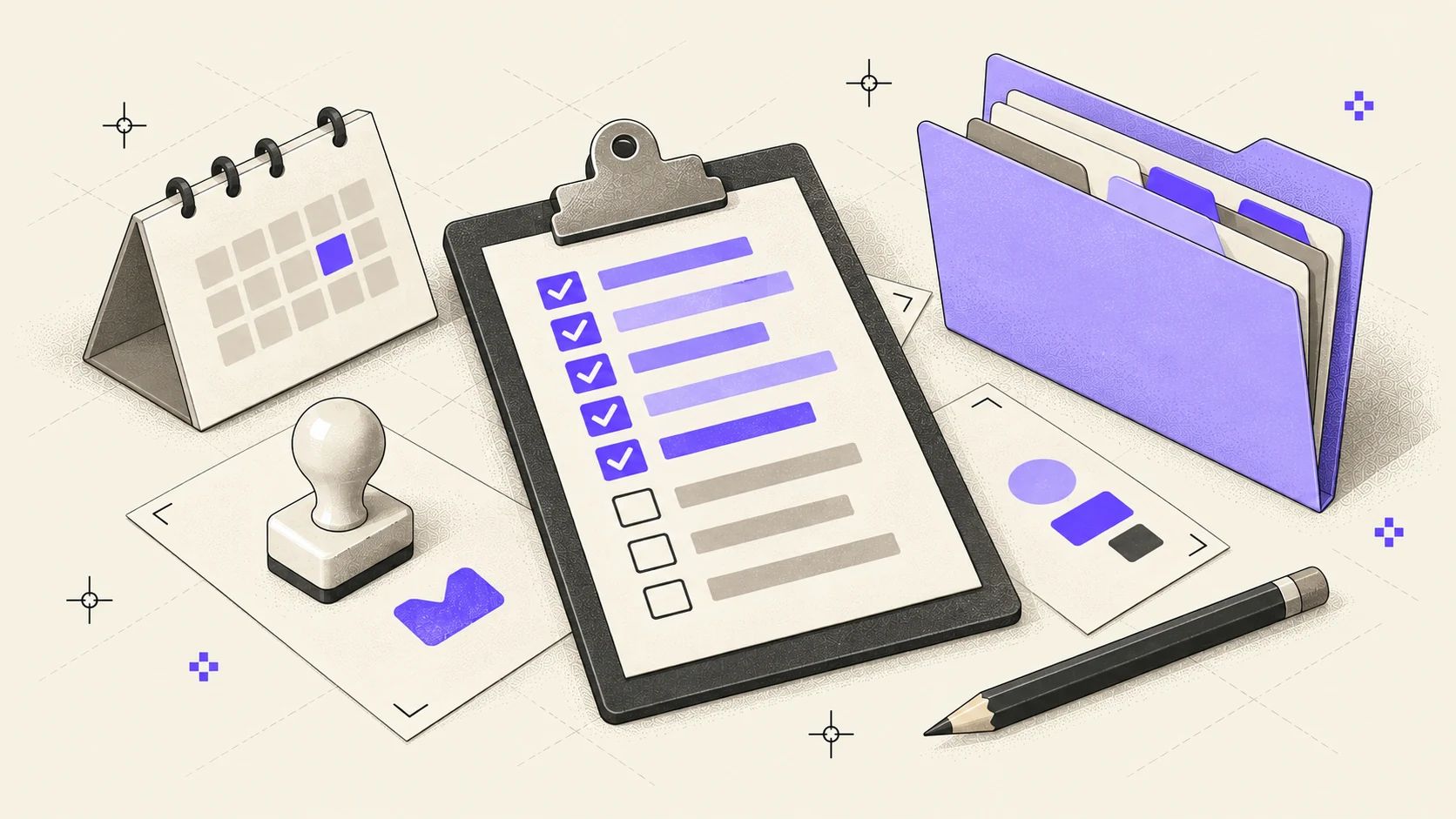 Isometric illustration on cream: a charcoal clipboard holding an eight-row checklist with five boxes ticked in violet and three empty, beside a calendar block with one marked day, a tabbed folder, a stamp and a pencil