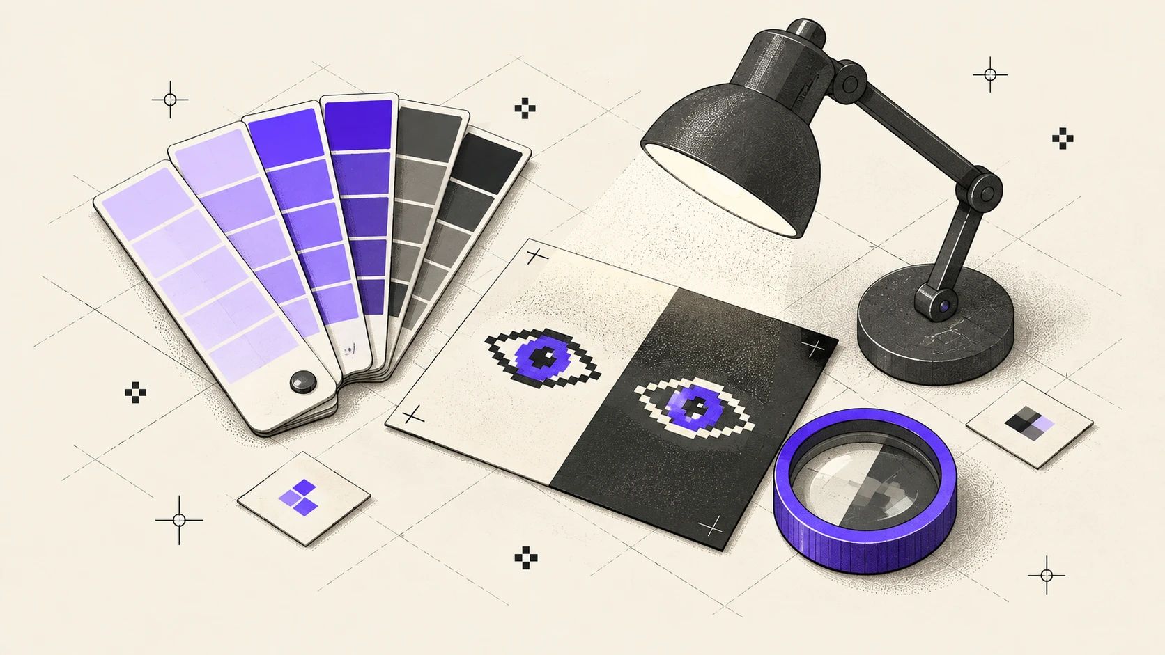 Isometric illustration on cream: a color swatch fan from lavender to charcoal, a card split into light and dark halves with two pixel eyes lit by a desk lamp, and a violet-rimmed magnifying loupe