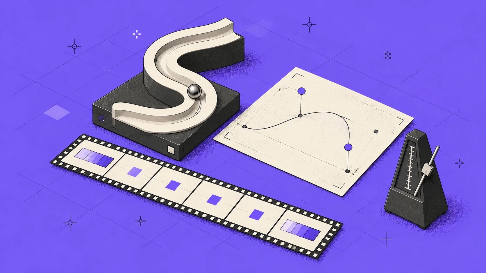 Isometric illustration on violet: a steel ball rolling on an S-shaped rail, a drawing of a bezier curve with control handles, a film strip with a square moving frame by frame and a metronome