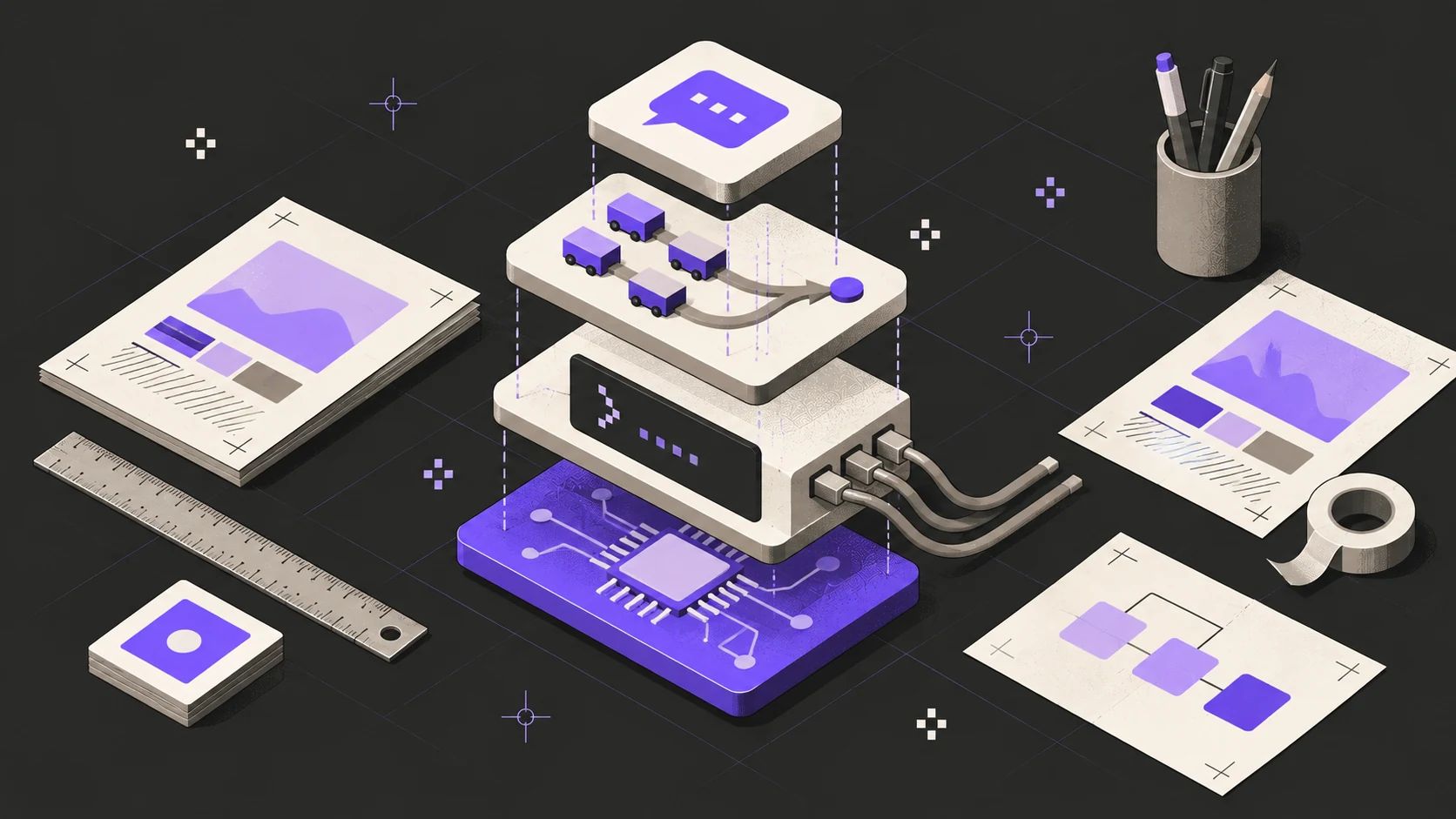 Isometric illustration on charcoal: a four-layer tower with a violet chip slab at the bottom, a cabled terminal above it, small carts on parallel tracks above that and a speech bubble on top