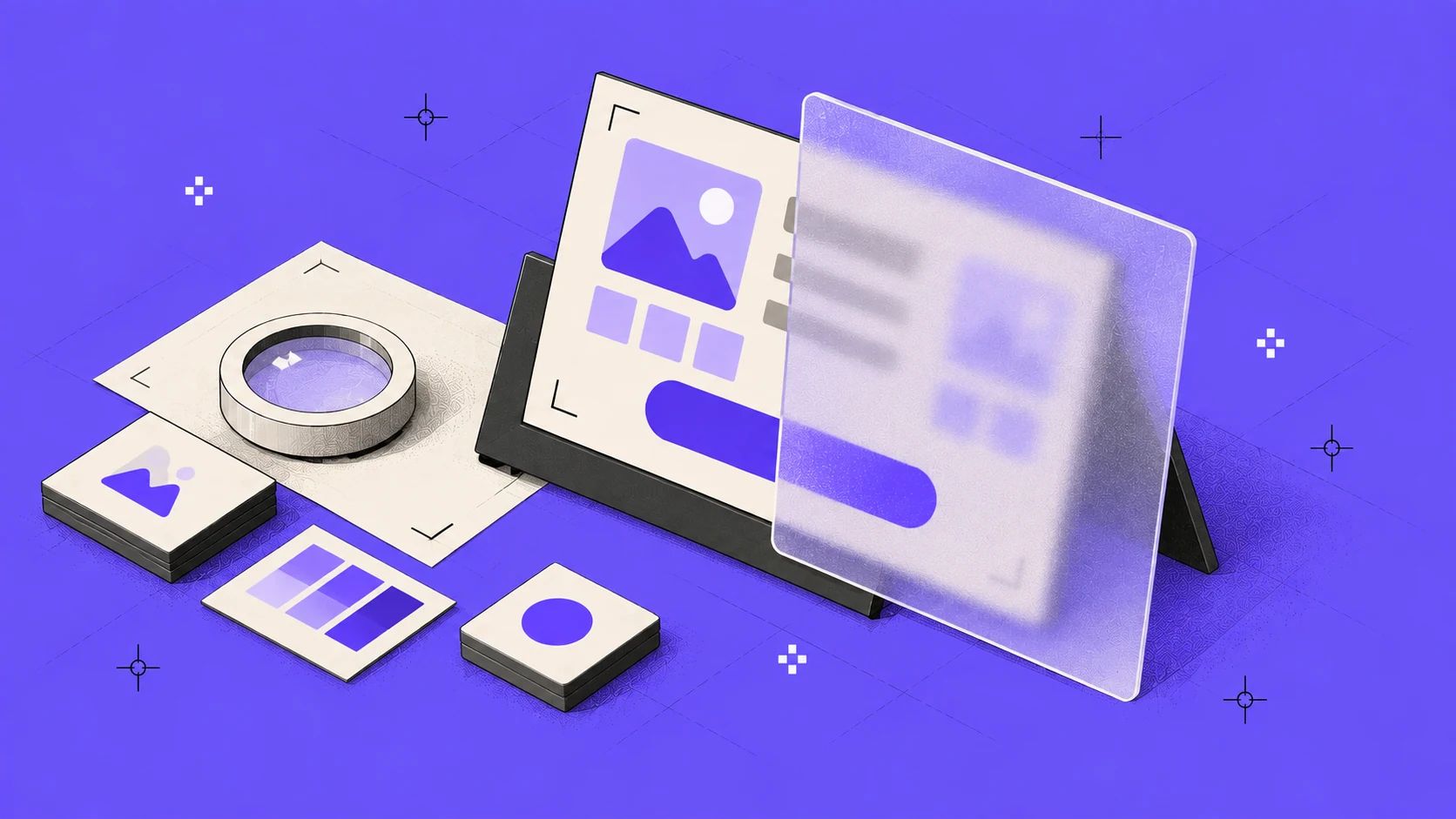 Isometric illustration on violet: a product page mockup on an easel, half covered by a frosted lavender glass pane through which only the button shape stays clear, with a loupe and small cards of different weights beside it