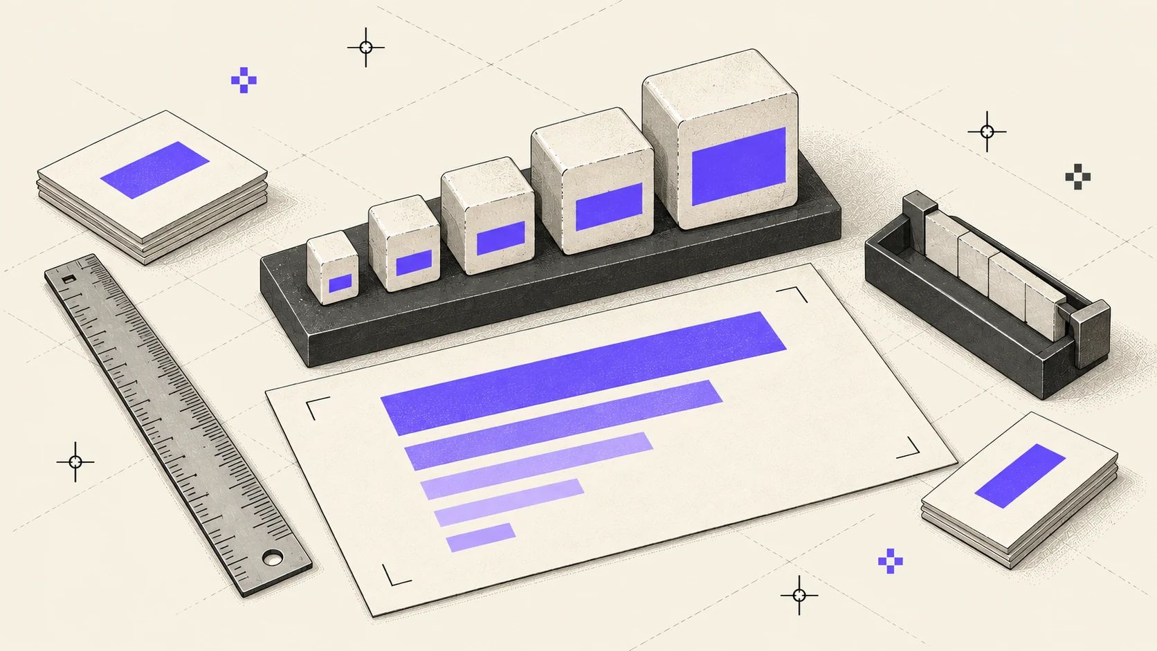 Isometric illustration on cream: letterpress type blocks in five sizes rising like steps, a printed sheet whose lines shrink step by step, and a typographer’s ruler lying diagonally