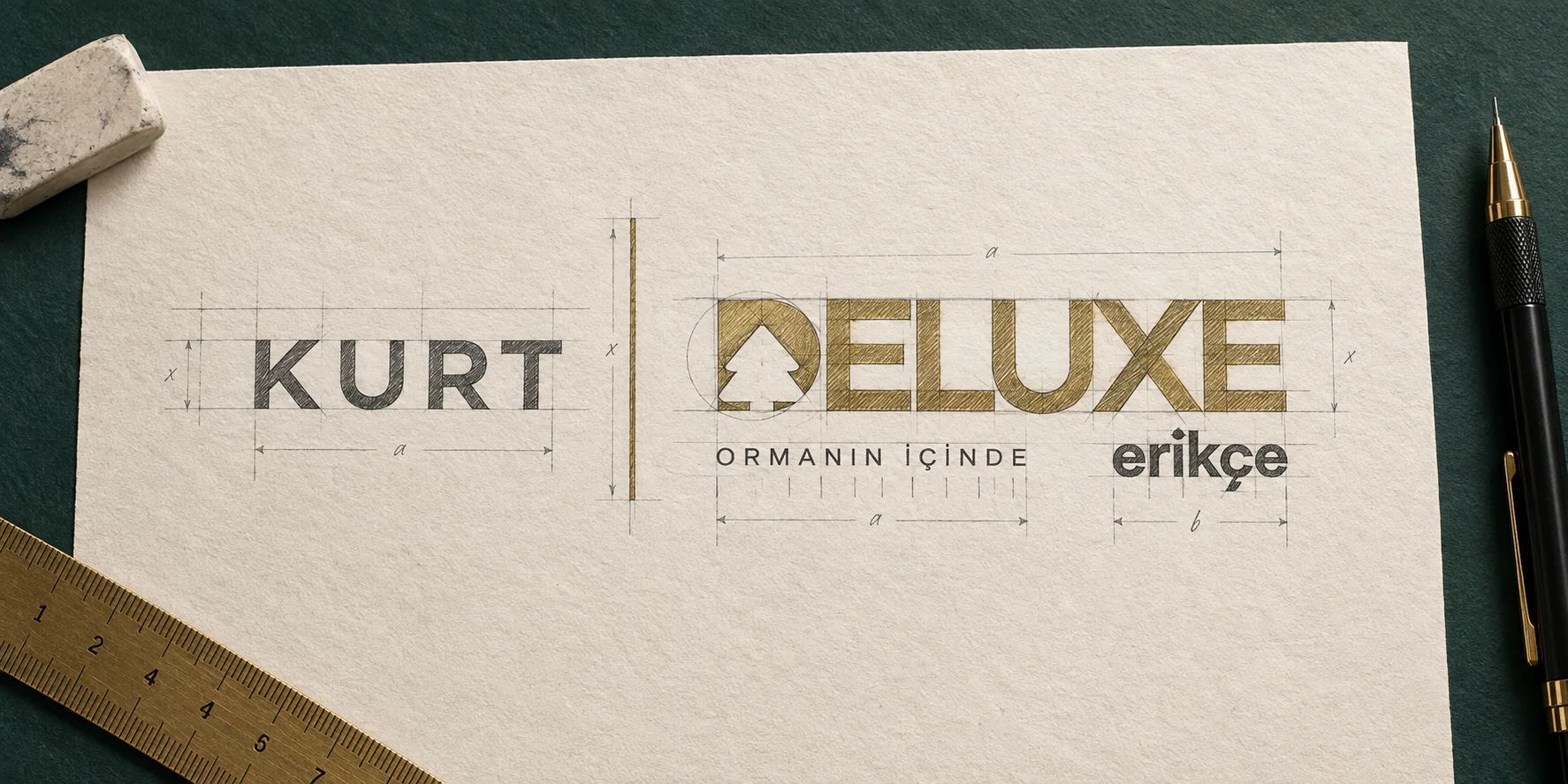 Kâğıt üzerinde yardımcı çizgilerle çizilmiş Kurt Deluxe Erikçe logosu, yanında kalem, silgi ve cetvel