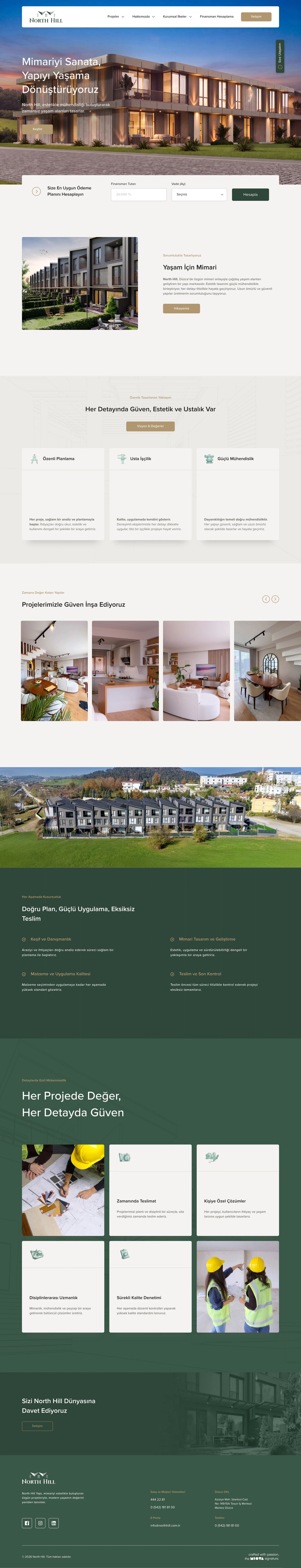 The full North Hill homepage: the opening, the financing strip, “Yaşam İçin Mimari”, projects, process steps and footer