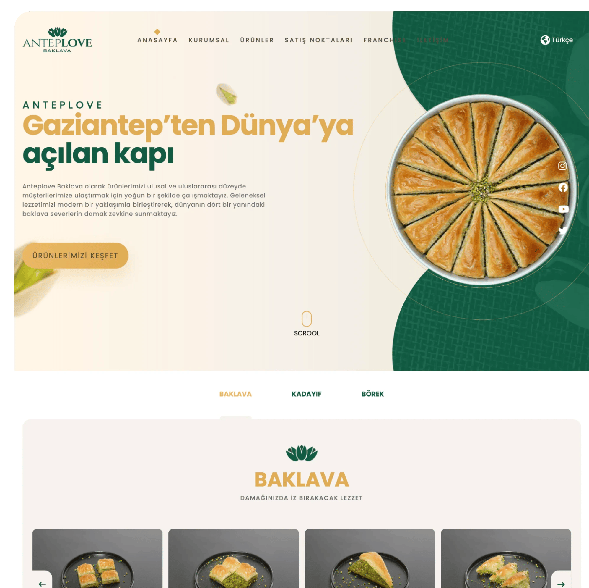 The opening of the Anteplove site: the headline “Gaziantep’ten Dünya’ya açılan kapı”, a tray of carrot-slice baklava on green, and baklava product cards below