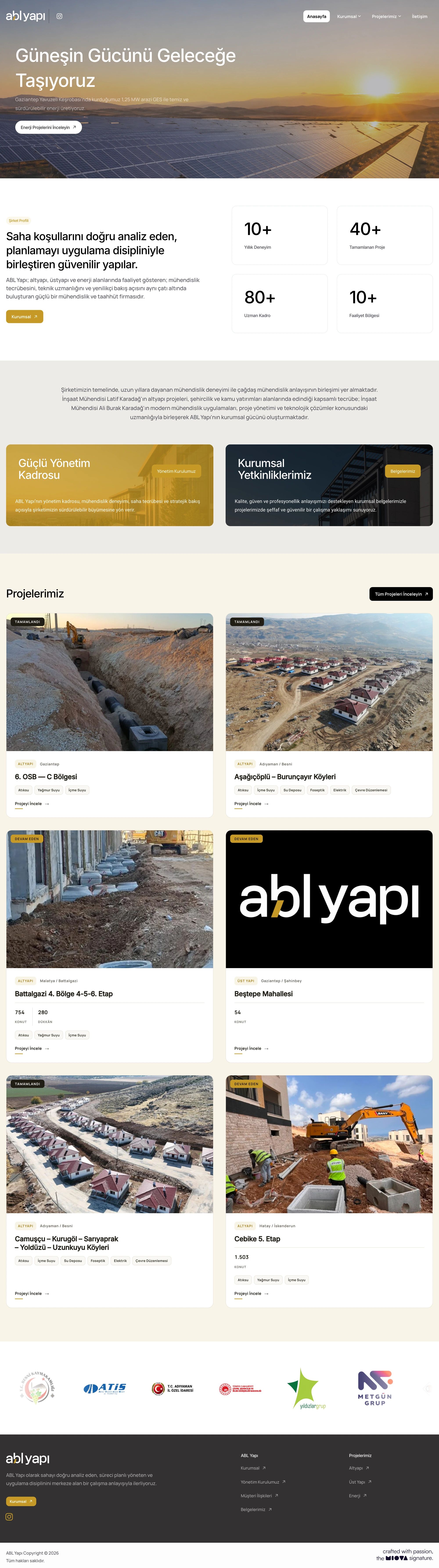 ABL Yapı ana sayfasının tamamı: güneş enerjisi açılışı, şirket profili ve rakamlar, yönetim ve belgeler, konum, durum ve kapsamıyla proje kartları, iş ortakları