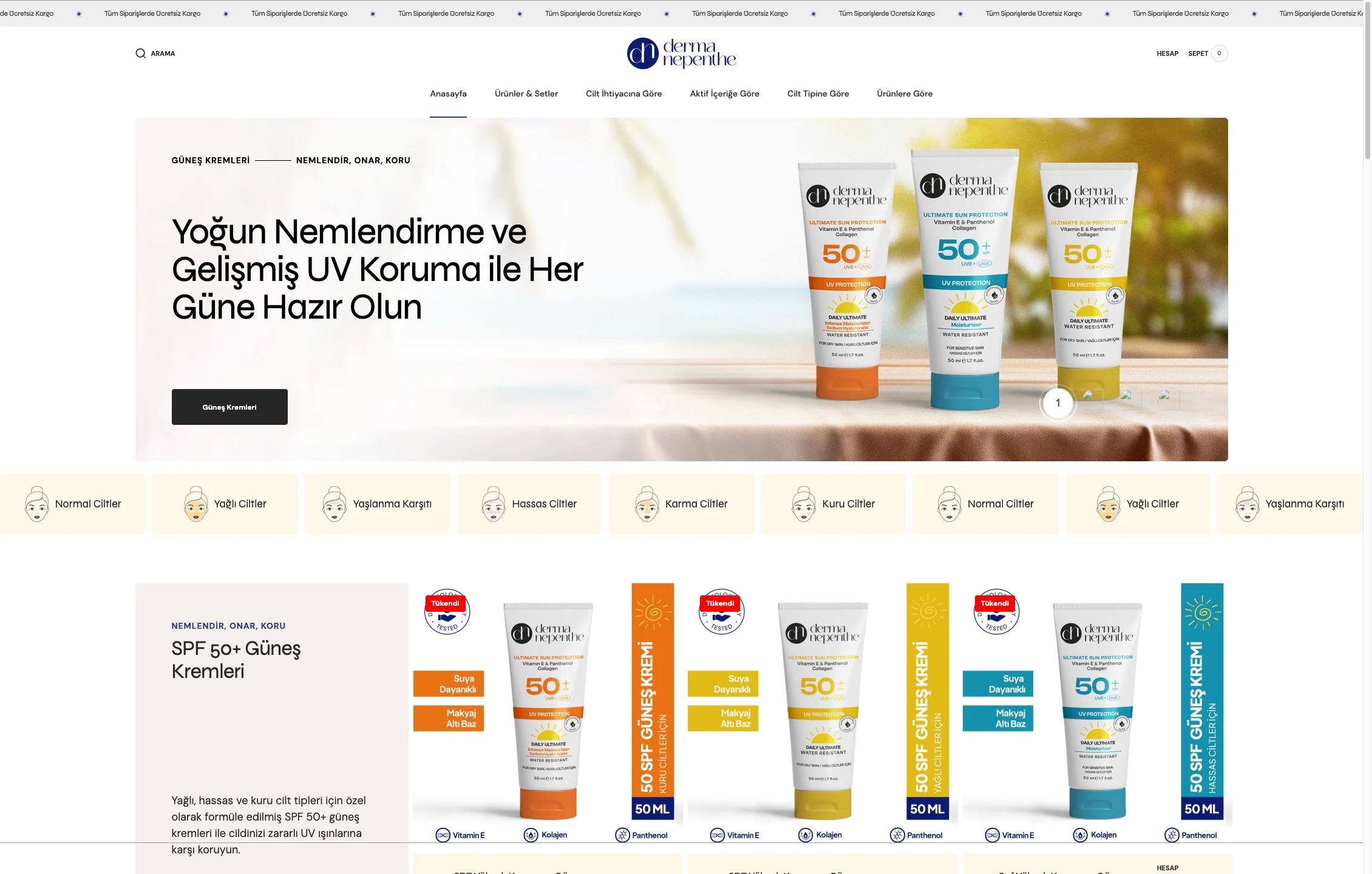 Derma Nepenthe e-ticaret sitesinin ana sayfası, cilt tipi şeridi ve güneş kremleri