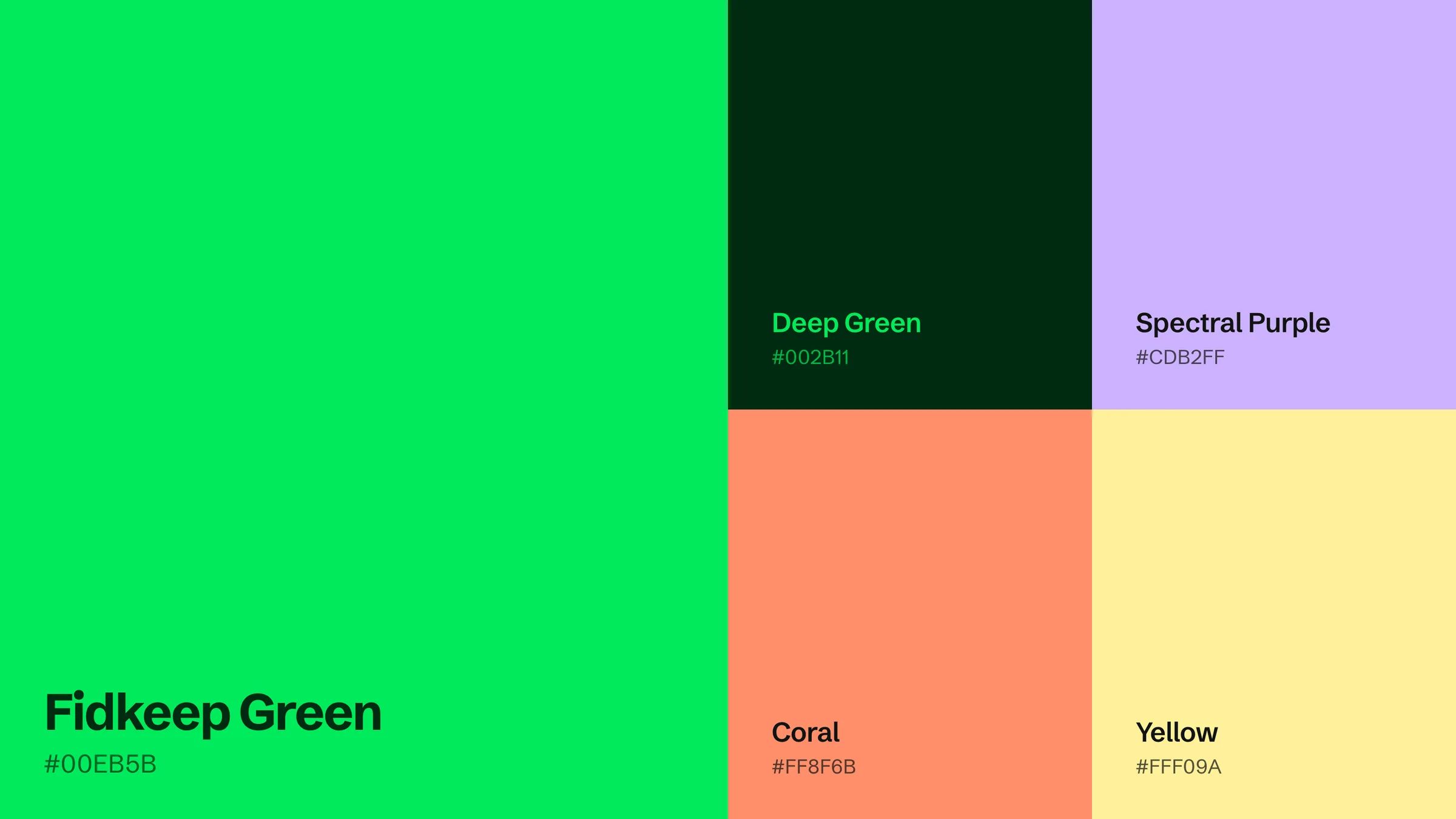 Fidkeep renk paleti: Fidkeep Green, Deep Green, Spectral Purple, Coral ve Yellow