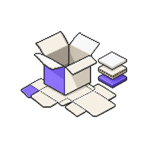 Açık kutu, kesim şablonu ve malzeme katmanlarından oluşan izometrik pixel art ikon