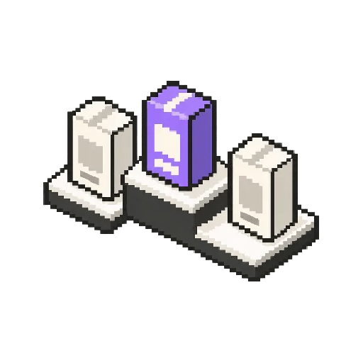 Bir ambalajın raftaki benzerleri arasından ayrıldığı izometrik pixel art ikon