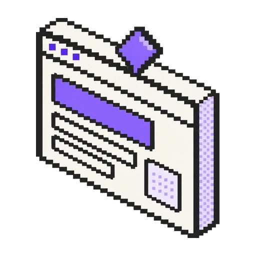 Pixel-art browser window laid out with heading, text and colour blocks, topped by a violet diamond mark