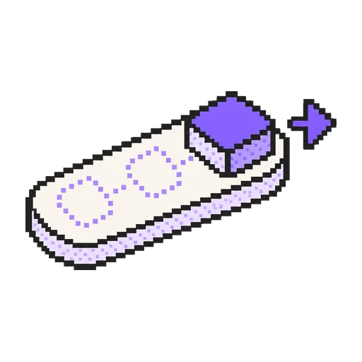 Pixel-art toggle whose violet knob has slid to the end of its track, tracing its path and pointing ahead