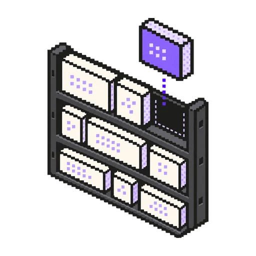 A violet module about to slide into the open slot of a rack filled with modules of varied widths