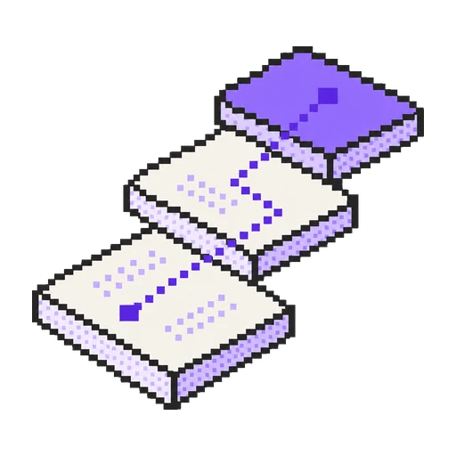Pixel-art icon linking three stepped pages with one path to a violet page at the top