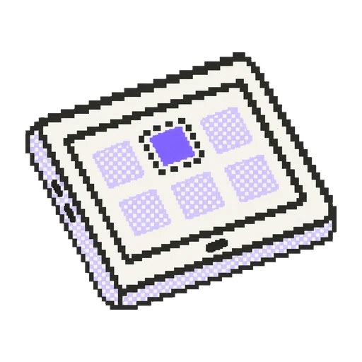 Pixel-art tablet showing colour options with the violet one selected