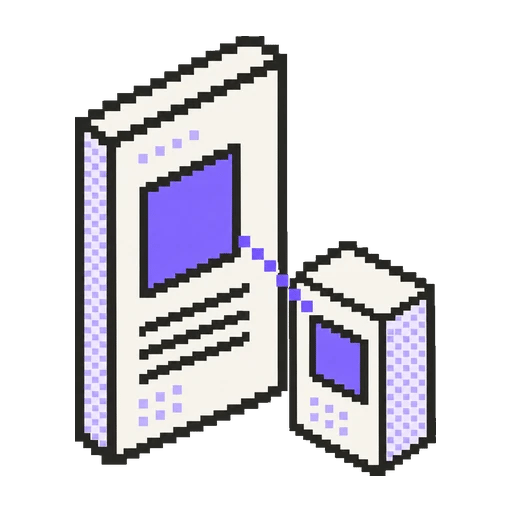 Pixel-art icon matching the same violet colour on a card and a product
