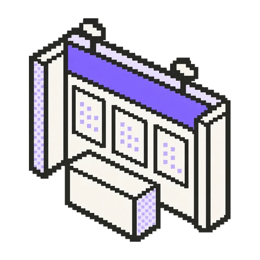 Pixel-art trade fair stand with a violet header band and a counter