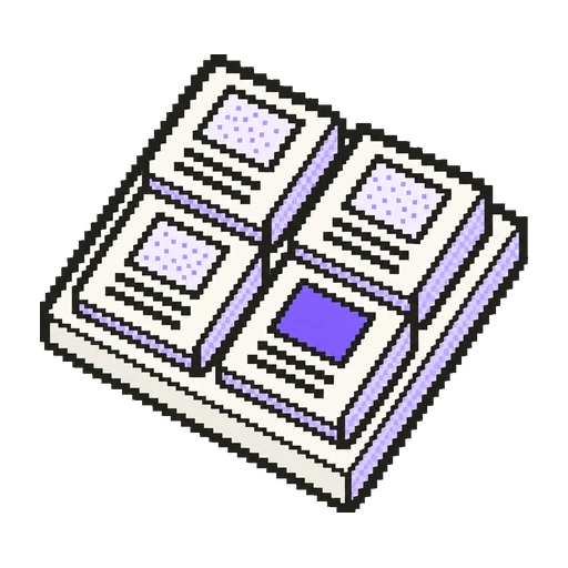 Pixel-art tray of four collection cards laid side by side, one violet