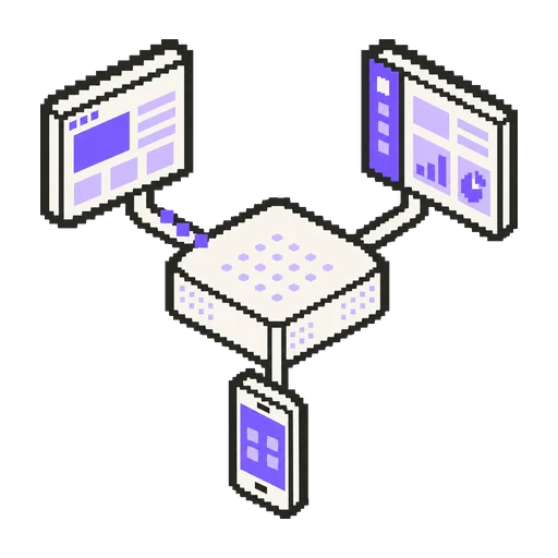 Pixel-art icon linking a central service block to a browser window, an admin panel and a phone