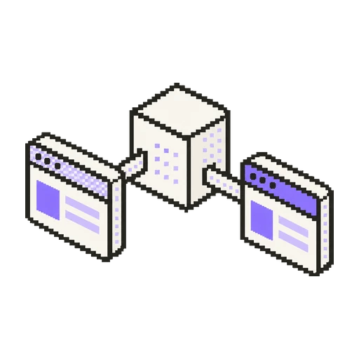 Pixel-art icon connecting an old and a new screen to the same service block