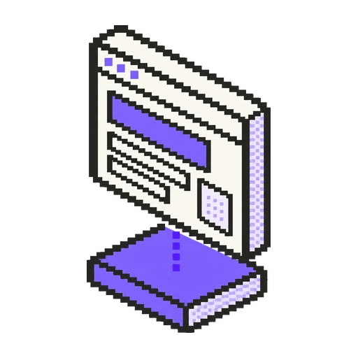 Pixel-art icon of a screen panel lifted off a violet foundation layer