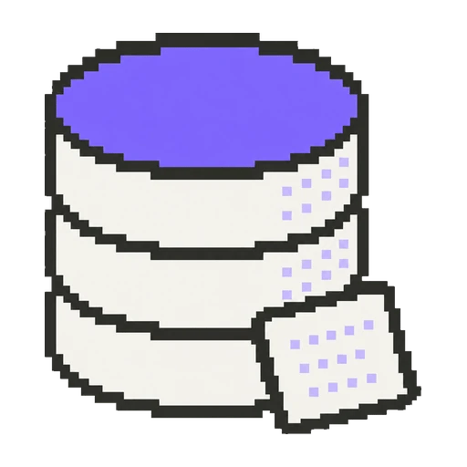 Pixel-art database cylinder of stacked discs with a violet top disc