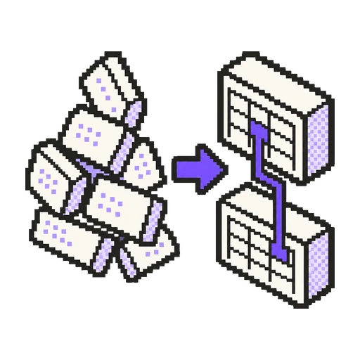 Pixel-art icon turning a loose pile of record cards into two tidy tables joined by a violet relation line