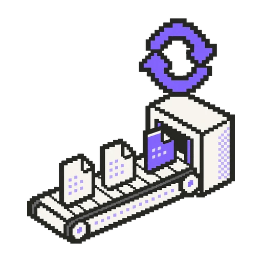Pixel-art icon of a conveyor carrying documents into a processing block under a violet cycle arrow