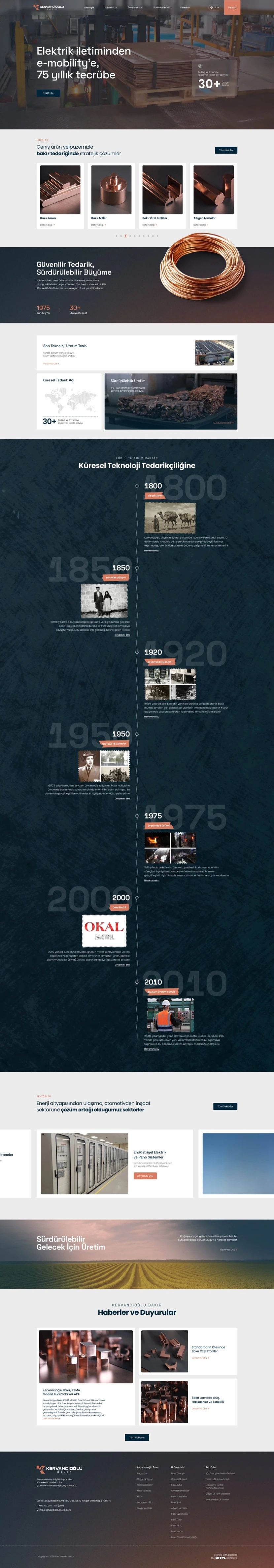 Kervancıoğlu Bakır ana sayfasının tamamı: açılış, ürünler, tedarik ve sürdürülebilirlik, 1800’den 2010’a zaman çizelgesi, sektörler ve haberler