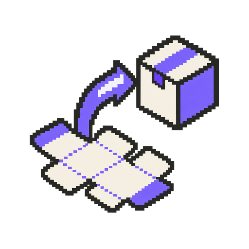 Kesim şablonundan katlanmış kutuya geçişi gösteren pixel art ikon